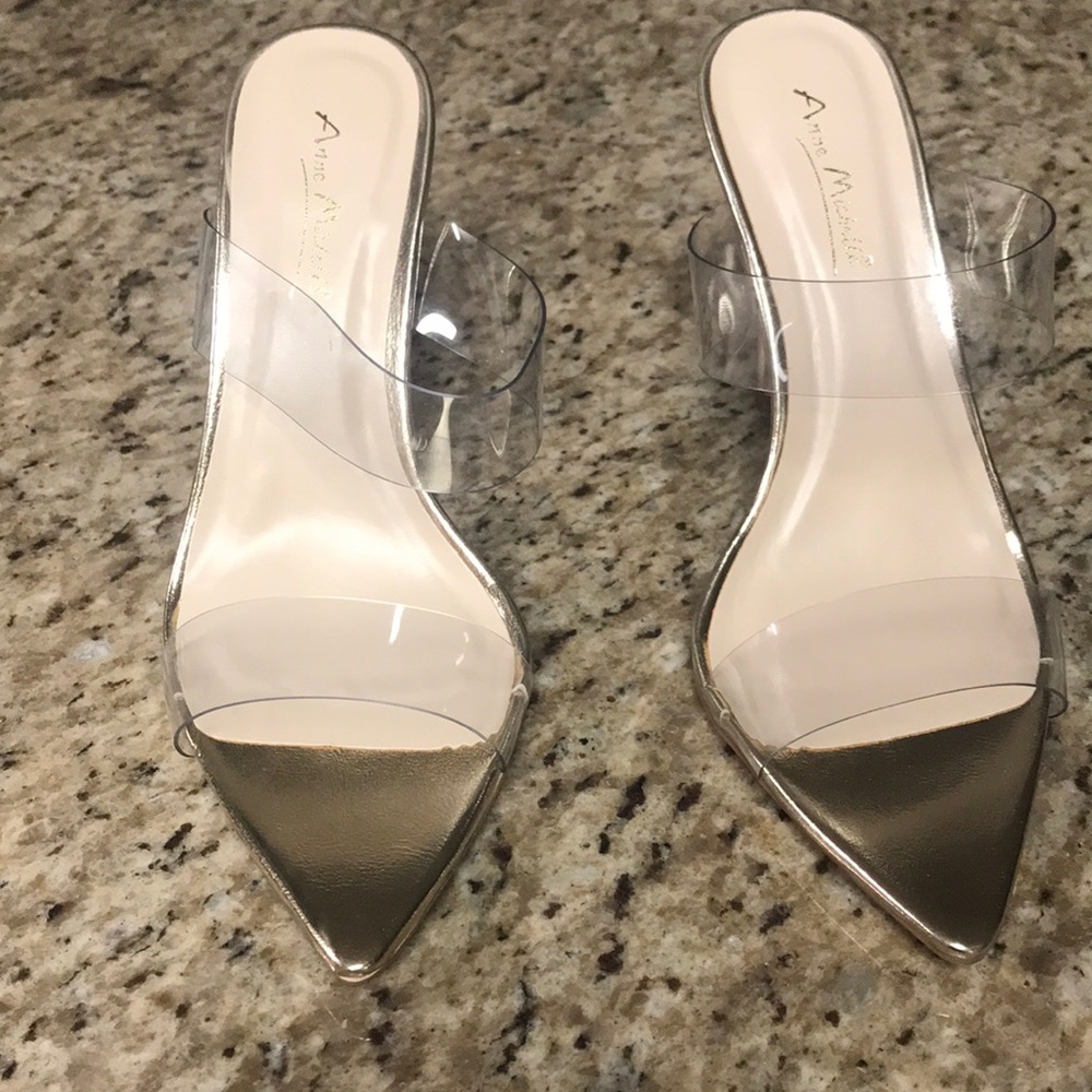 Clear strap high heels with gold bottom and heel